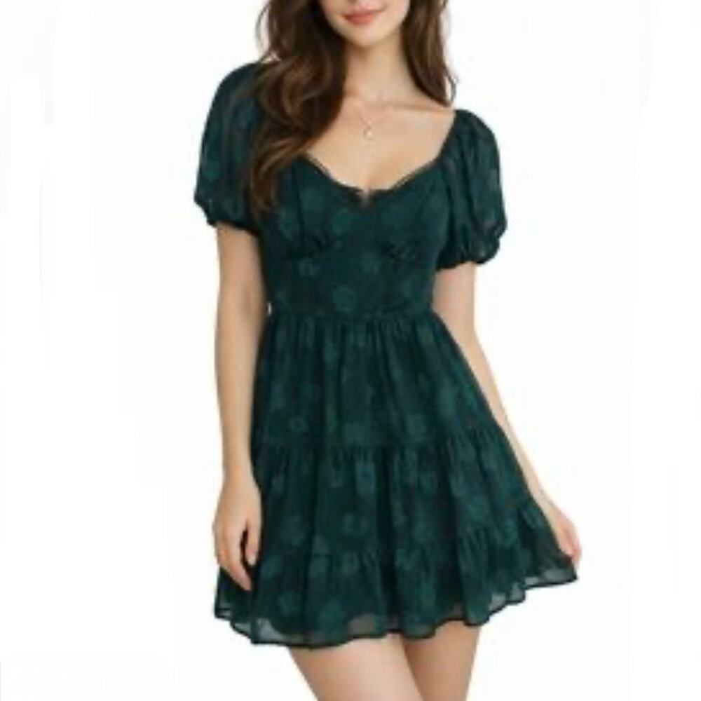 Trixxi green floral mini dress puff sleeve feminine tiered fit & flare size xs